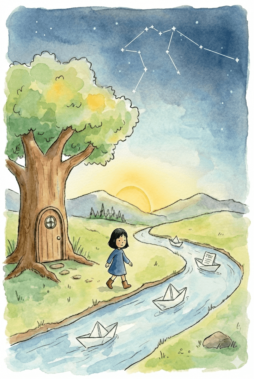 sgu-life: a watercolor illustration of a girl walking beside a river with paper boats, a tree with a small door, and constellations in the night sky