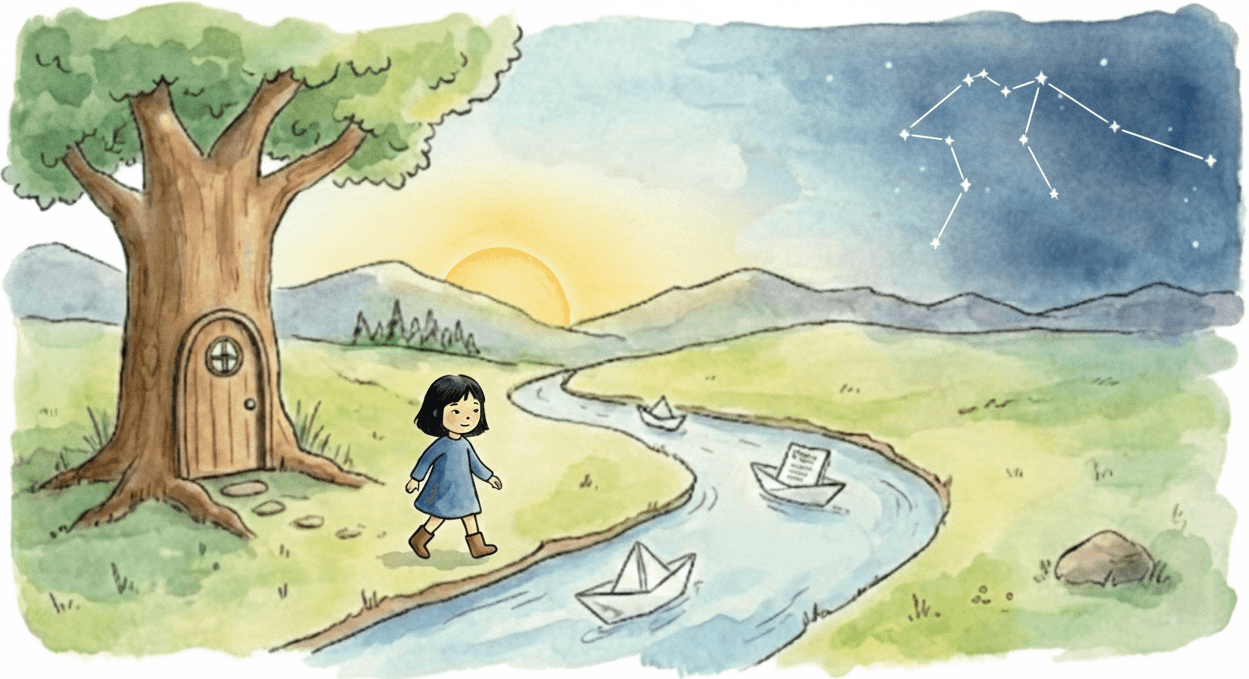 sgu-life: a watercolor illustration of a girl walking beside a river with paper boats, a tree with a small door, and constellations in the night sky